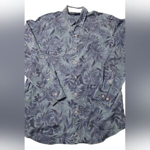 Rey Spooner Hawaiian Tropical Leaf Print Button-Up Shirt in Slate Blue Size Med